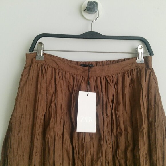 NWT ZARA WRINKLED EFFECT BALLOON MIDI SKIRT BROWN 7969/027 Sz-M - Picture 4 of 5